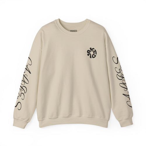 Crewneck Sweatshirt — 'Vaked' Kiss Graphic with Script Sleeve
