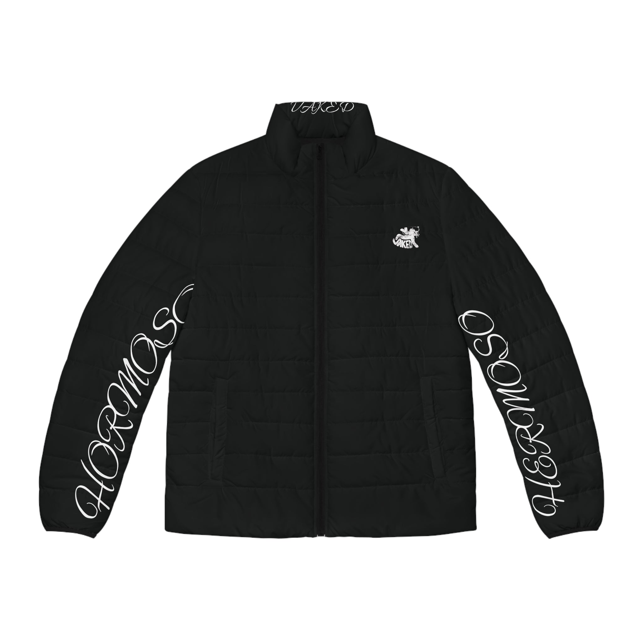 Puffer Jacket — Black Script Sleeve Jacket with Small Chest Logo