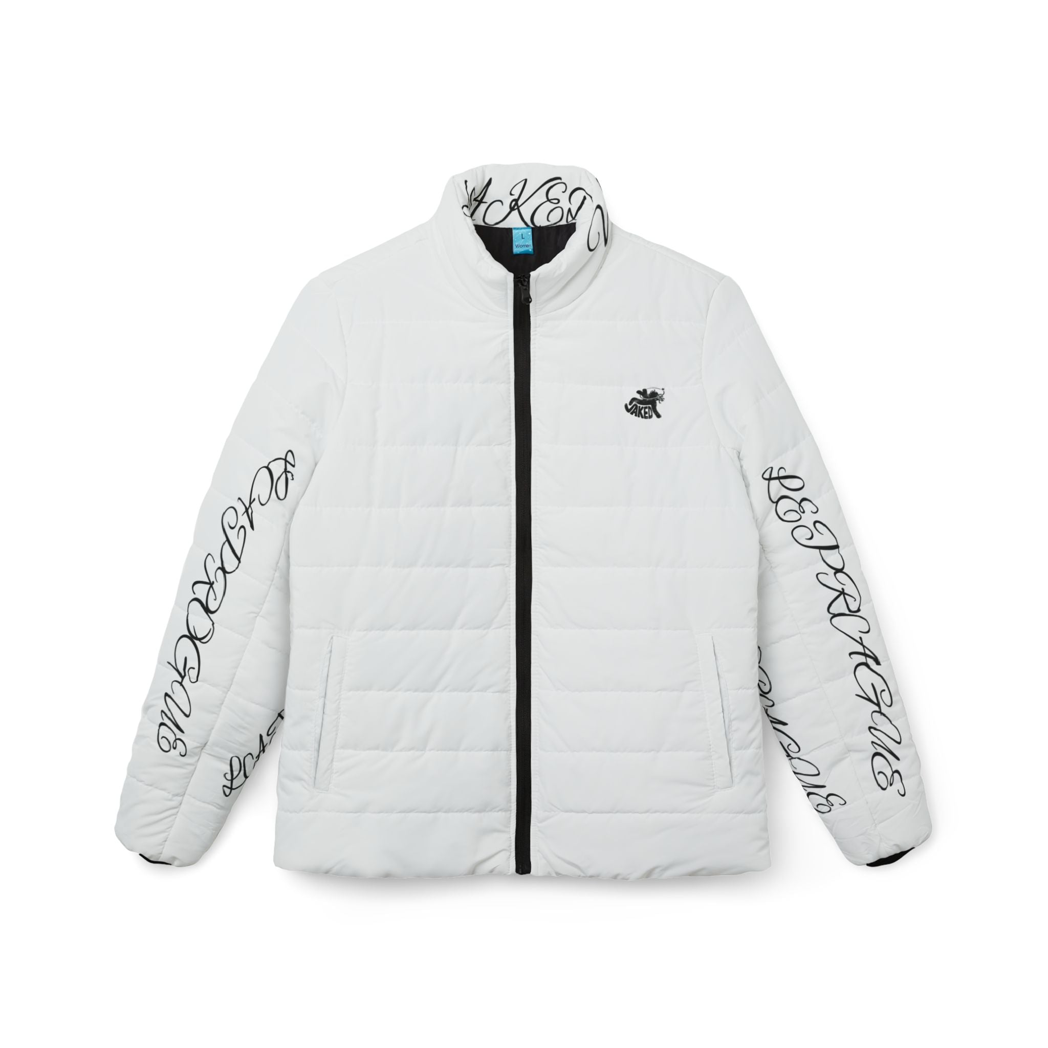 White Script-Trim Puffer Jacket — Women’s Quilted Coat with Calligraphy Accent