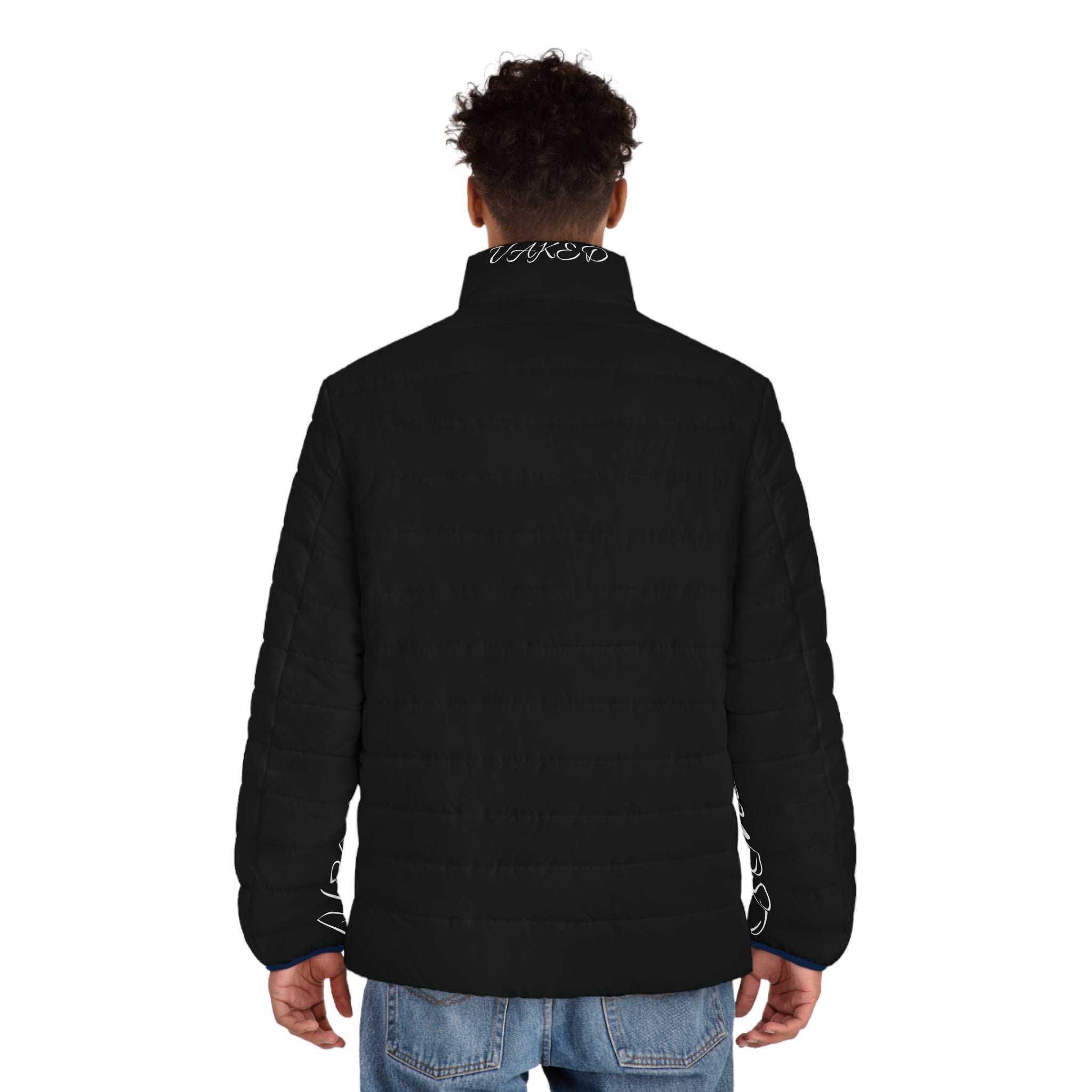 Puffer Jacket — Black Script Sleeve Jacket with Small Chest Logo