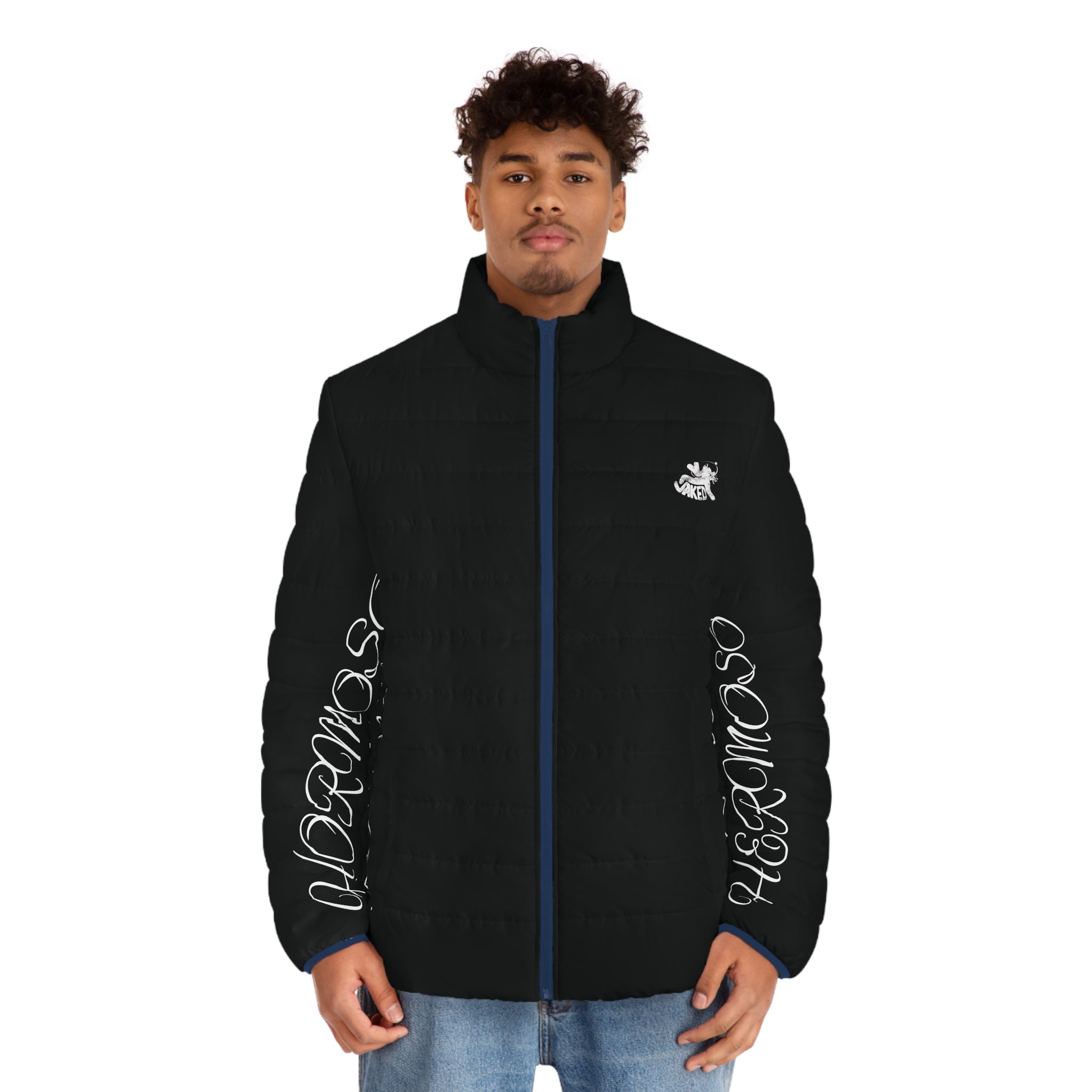 Puffer Jacket — Black Script Sleeve Jacket with Small Chest Logo