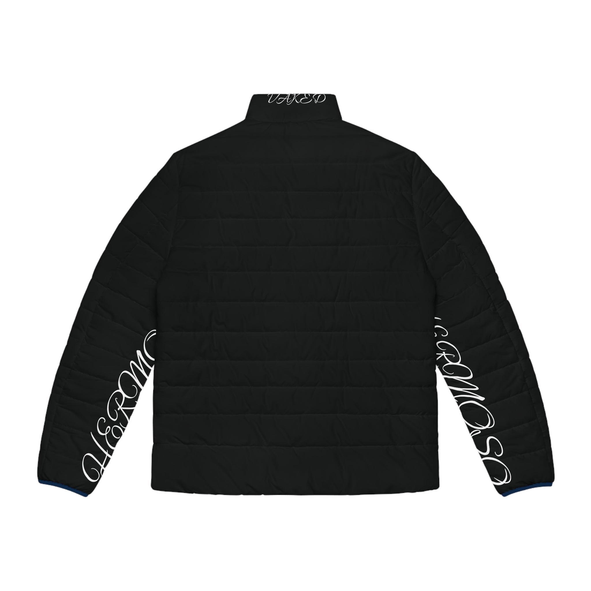 Puffer Jacket — Black Script Sleeve Jacket with Small Chest Logo