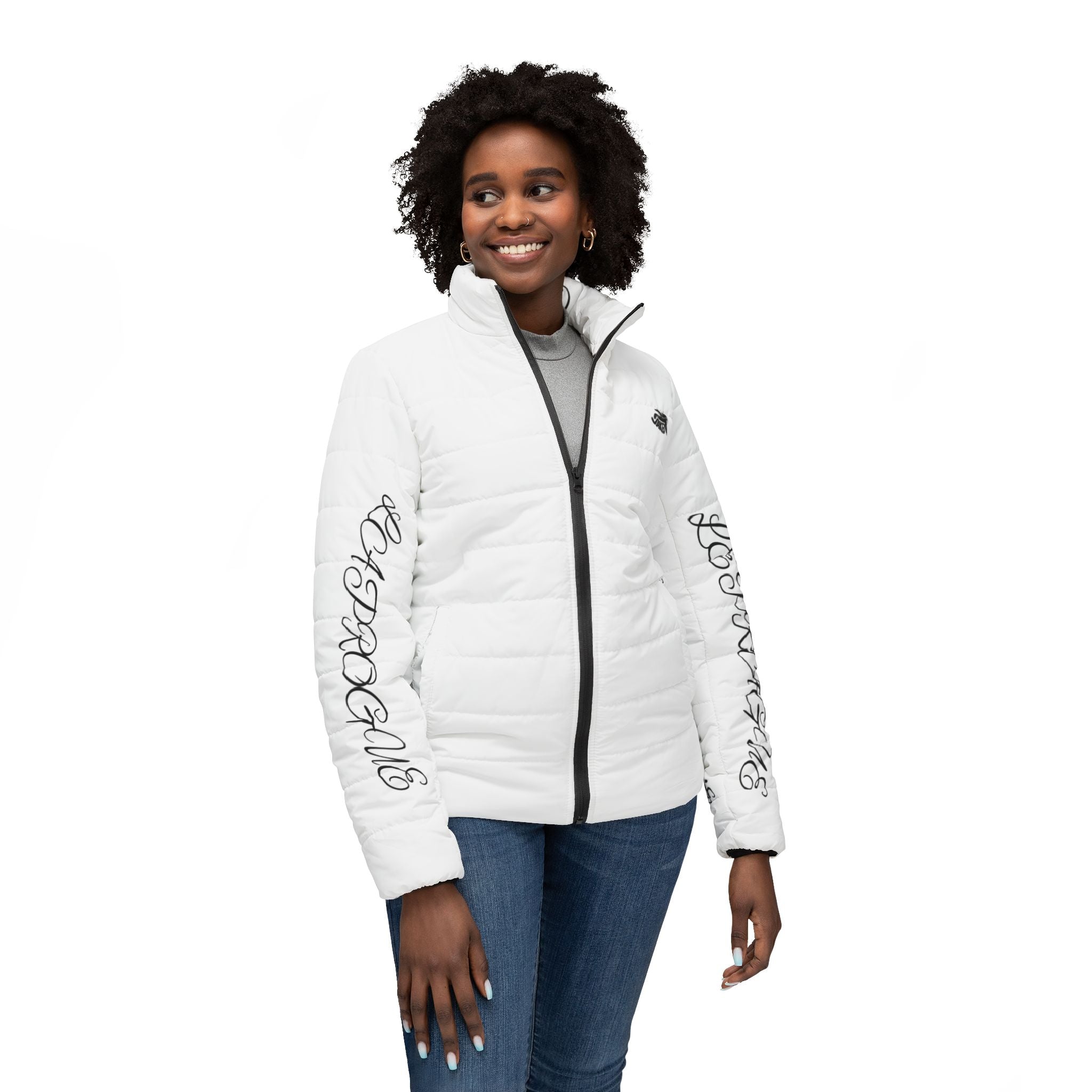 White Script-Trim Puffer Jacket — Women’s Quilted Coat with Calligraphy Accent