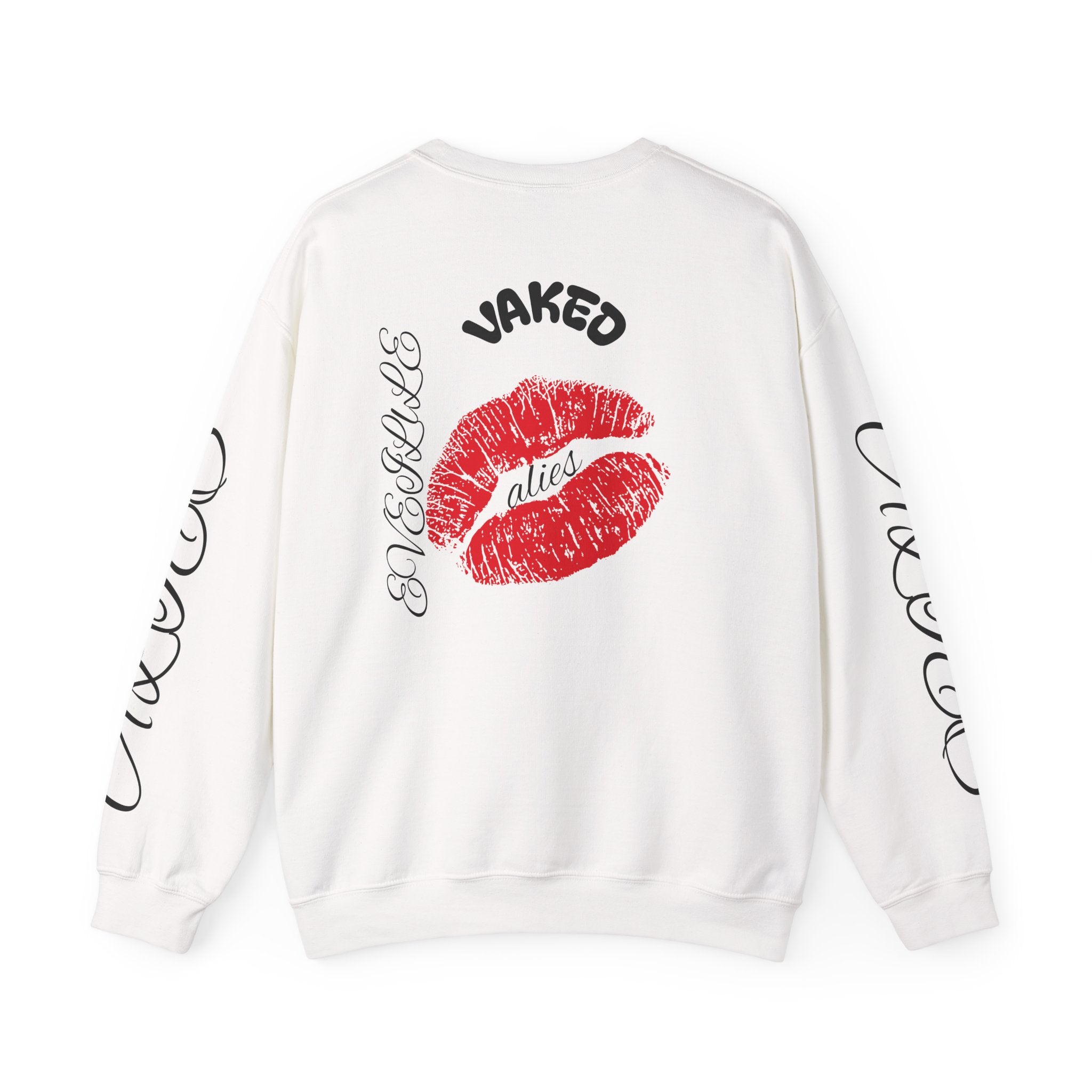 Crewneck Sweatshirt — 'Vaked' Kiss Graphic with Script Sleeve
