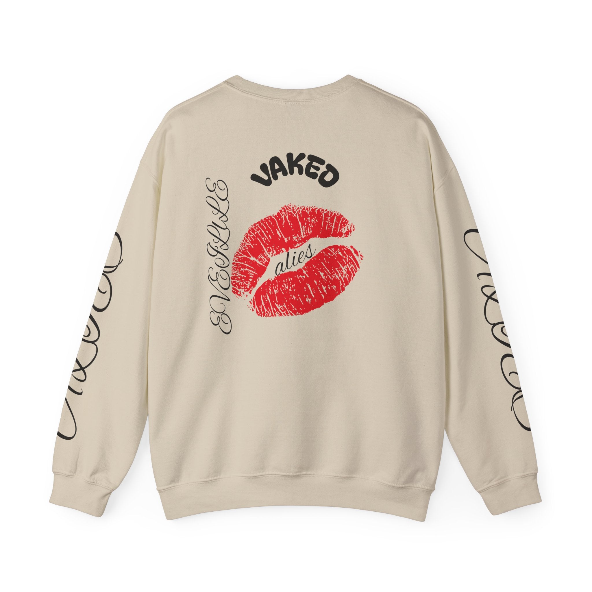 Crewneck Sweatshirt — 'Vaked' Kiss Graphic with Script Sleeve