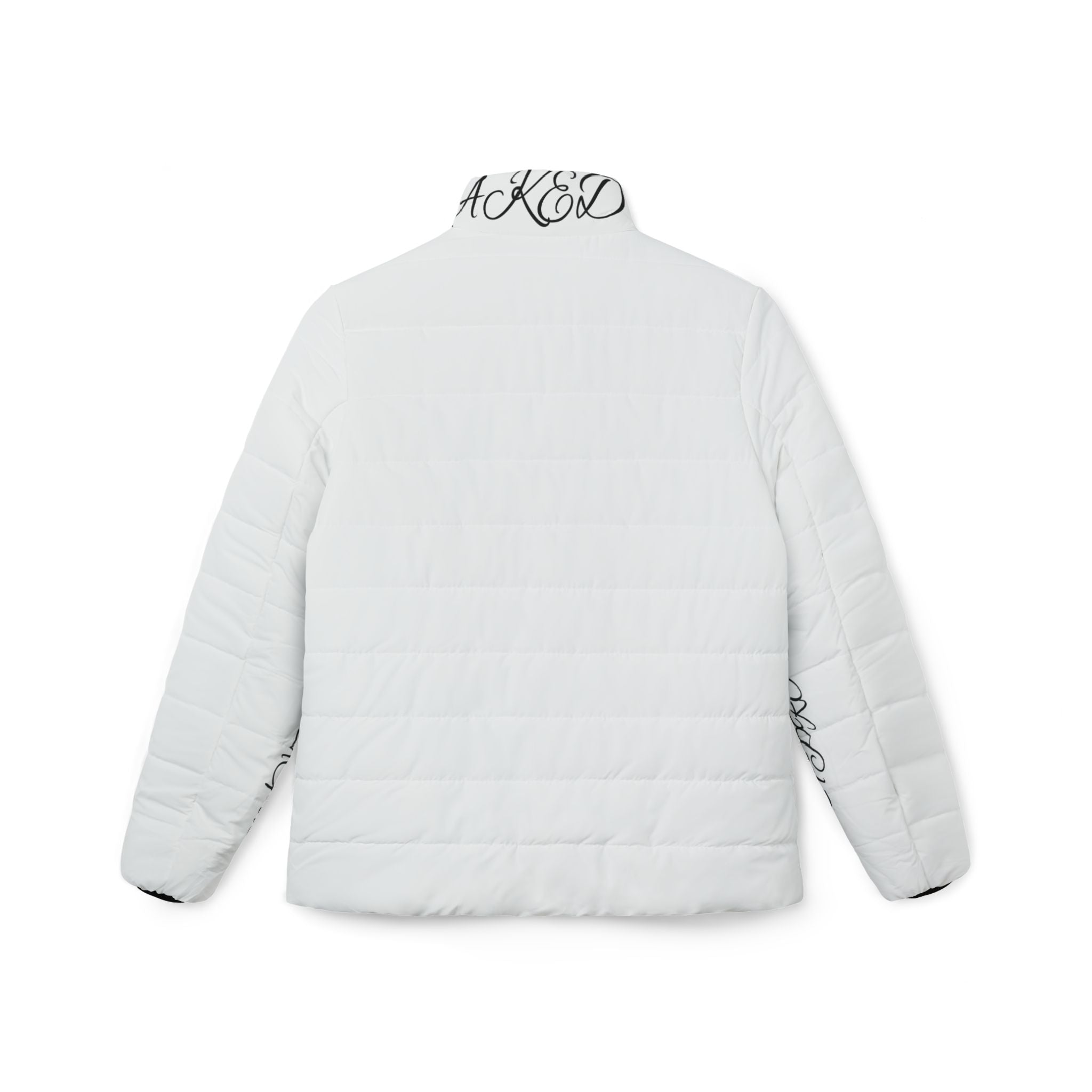 White Script-Trim Puffer Jacket — Women’s Quilted Coat with Calligraphy Accent